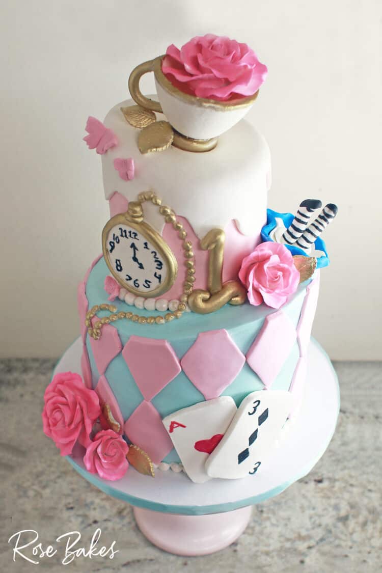 Alice in Wonderland Cake with gum paste tea cup and sugar roses