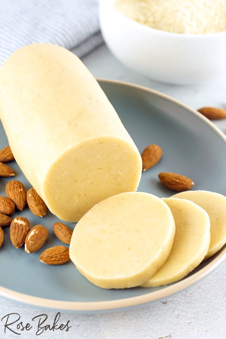 quick and easy homemade almond paste sliced on a serving platter 