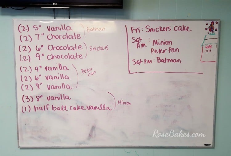 picture of a white board with a to-do list of cake stuff