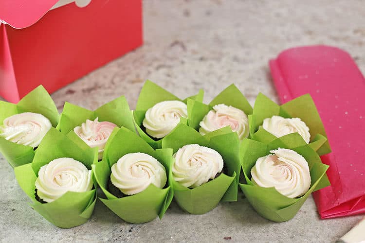 buttercream rose cupcakes in green tulip liners for cupcake bouquets