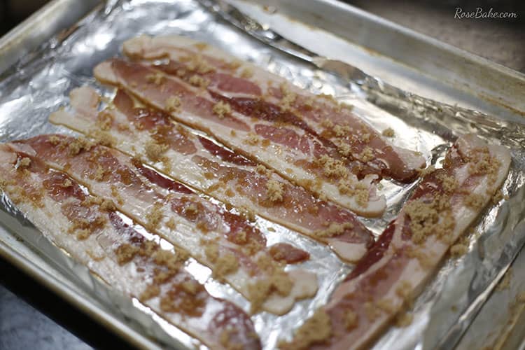 prepped bacon on foil lined cookie sheet 