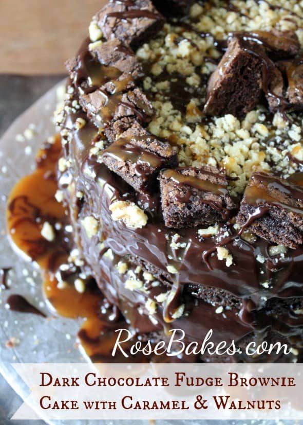 Dark Chocolate Fudge Brownie Cake with Caramel and Walnuts