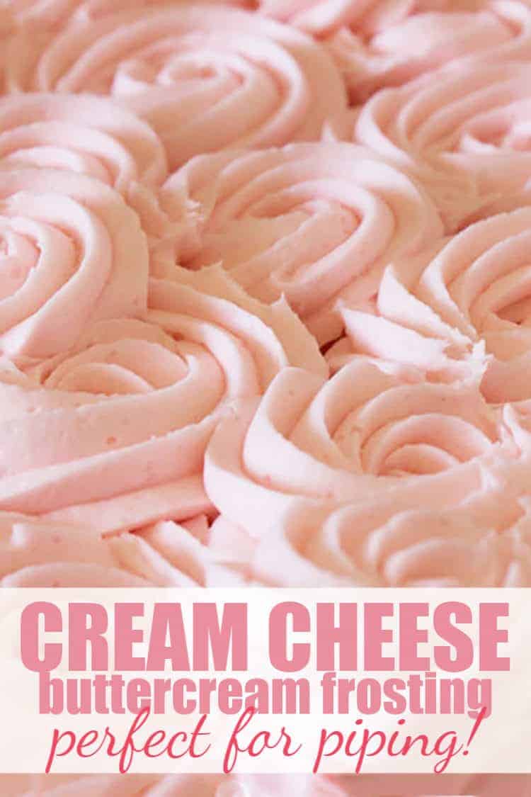 piped pink cream cheese frosting with text overlay for pinterest