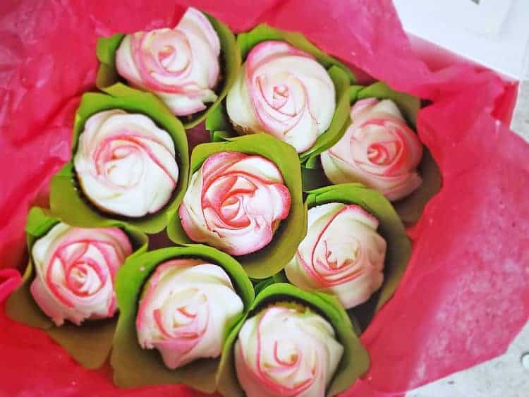 buttercream rose cupcakes swirled white and pink for cupcake bouquet for valentine's day