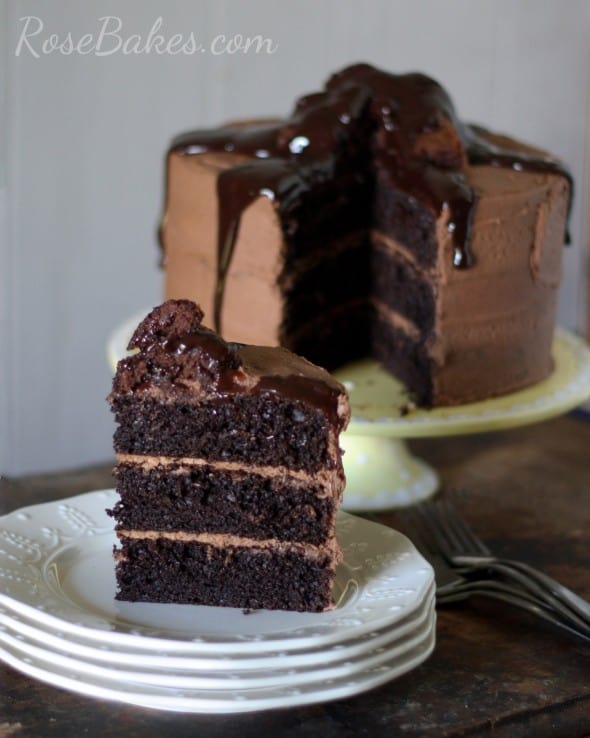 Dark Chocolate Cake with Brownie Batter Frosting and Chocolate Sauce