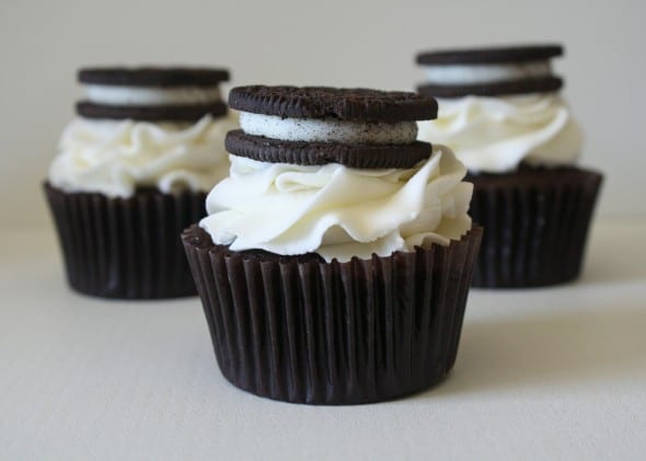Dark Chocolate Cupcake with Oreo Cream Filling, Cream Cheese Frosting with Double Stuf Oreo Topper