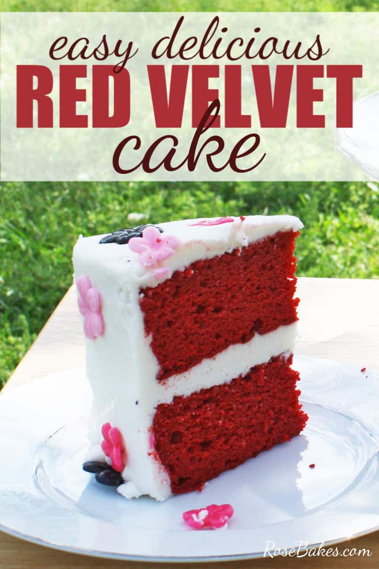 slice of red velvet cake on a plate with pinterest text overlay