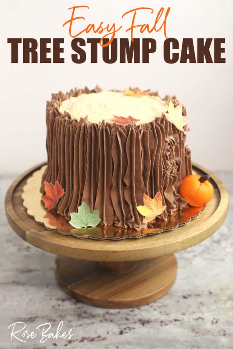Easy Fall Tree Stump Cake on Wooden Stand with Pin Text Overlay