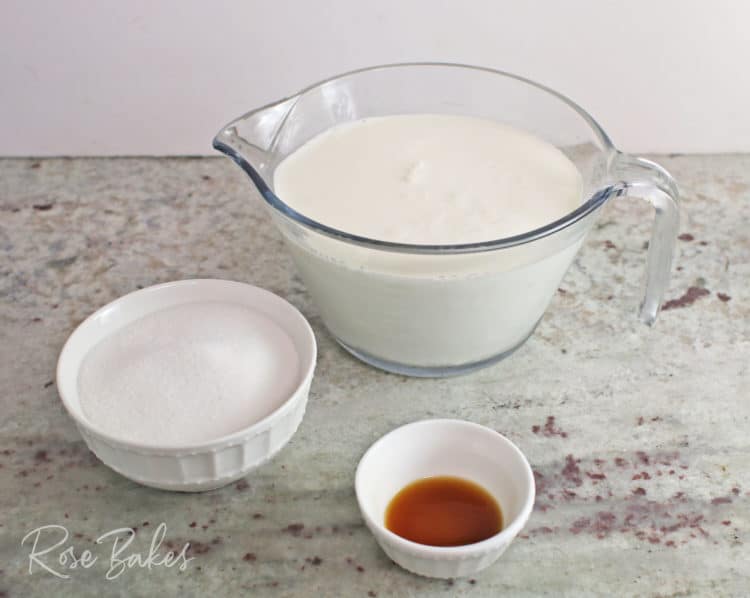 Easy Homemade Vanilla Ice Cream ingredients: half & half, sugar, vanilla