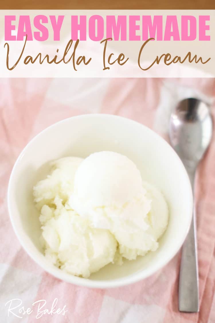 easy homemade vanilla ice cream in white bowl on pink plaid napkin