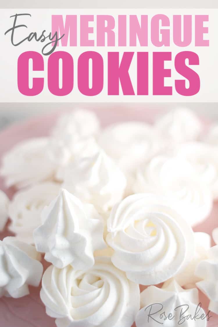 Easy Meringue Cookies on a pink cake plate with Pinterest text