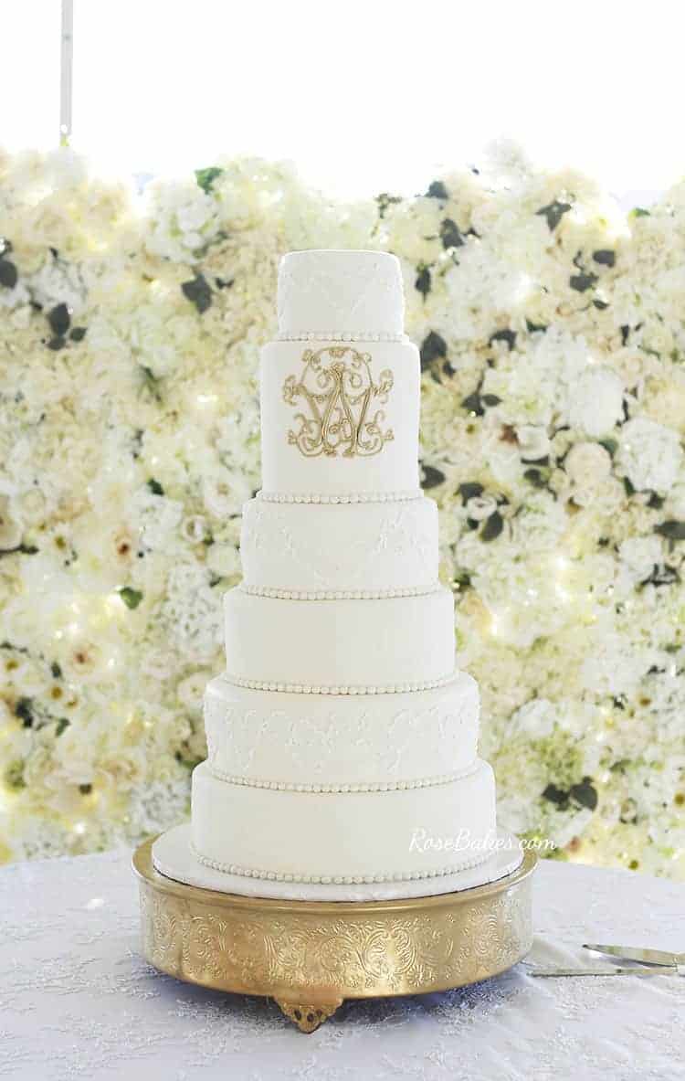 How to Stick Fondant Decorations to Cake - Lacy Wedding Cake with Gold monogram using sugar glue