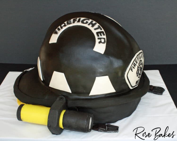 side view of the firefighter's helmet cake