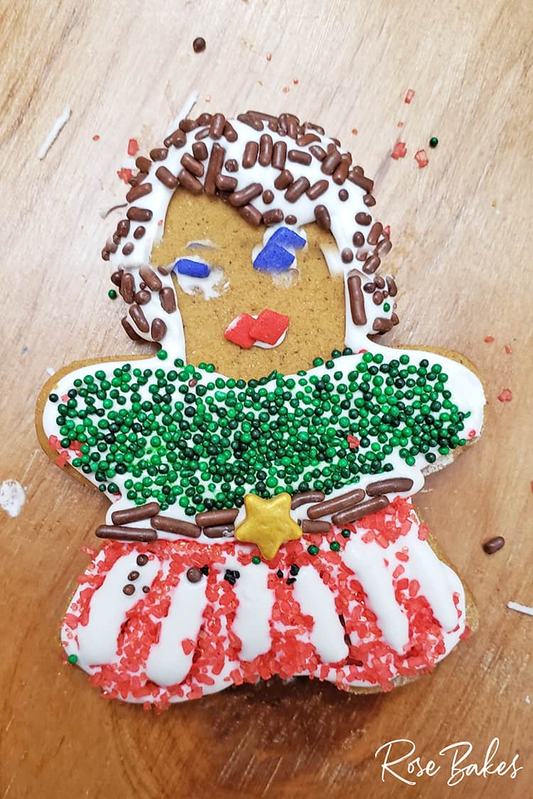 Gingerbread Woman decorated by a kid with lots of sprinkles