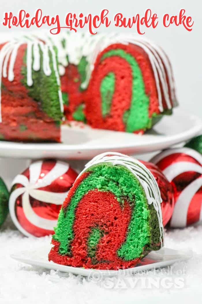 grinch bundt cake with green and red marble inside 