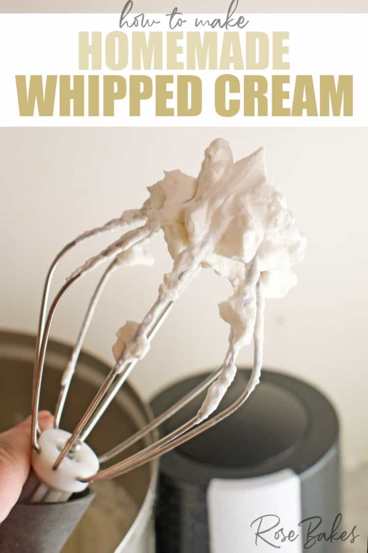 Fluffy whipped cream on the end of the whisk attachment of a Bosch Mixer.  Text at the top of the image reads, How to make homemade whipped cream.