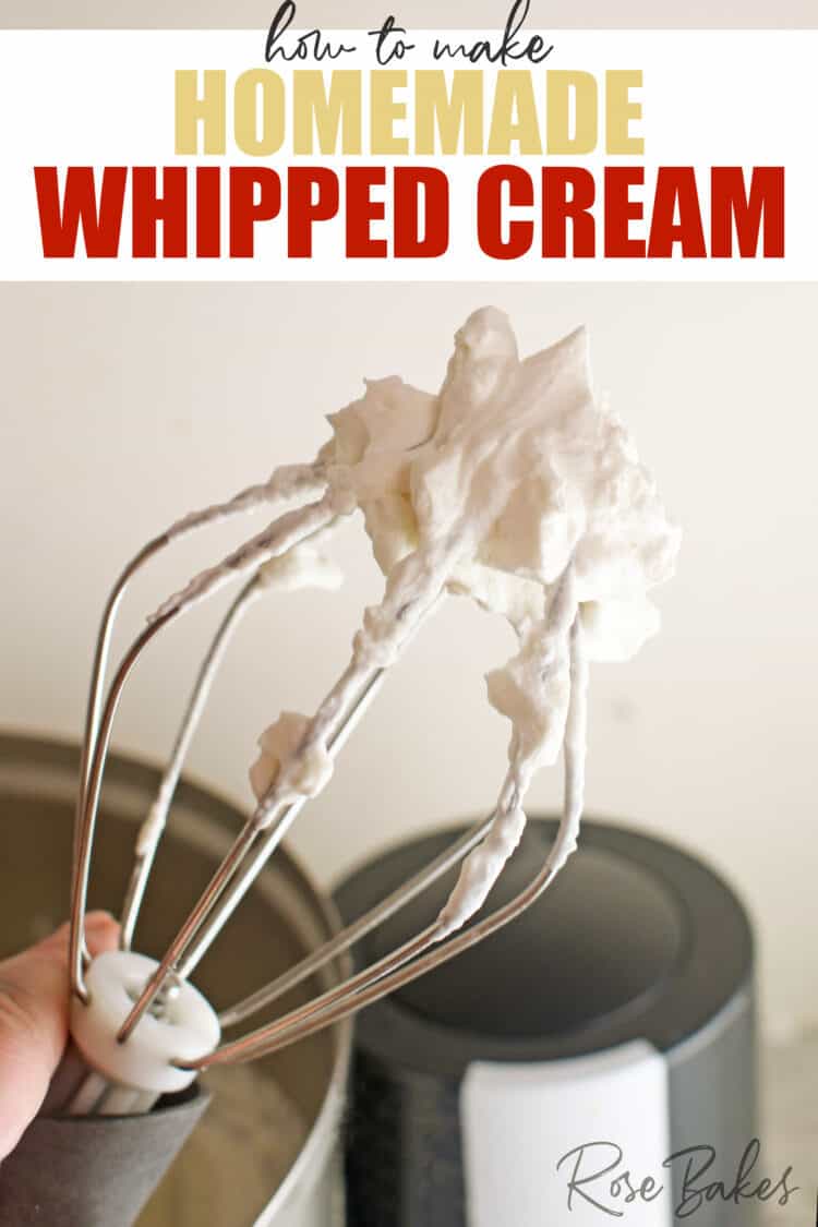 Fluffy whipped cream on the end of the whisk attachment of a Bosch Mixer.  Text at the top of the image reads, How to make homemade whipped cream.
