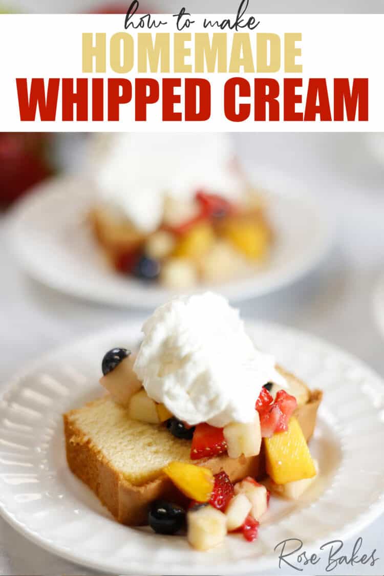 Slice of pound cake with fruit salsa and topped with a dollop of homemade whipped cream.