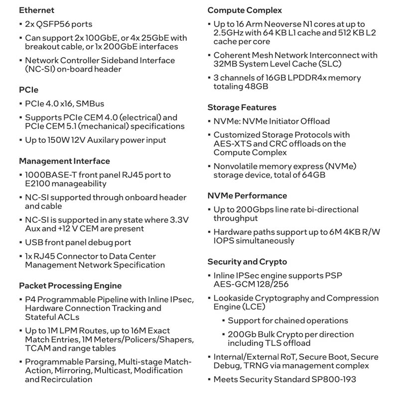 Intel IPU E2100 DPU Specs