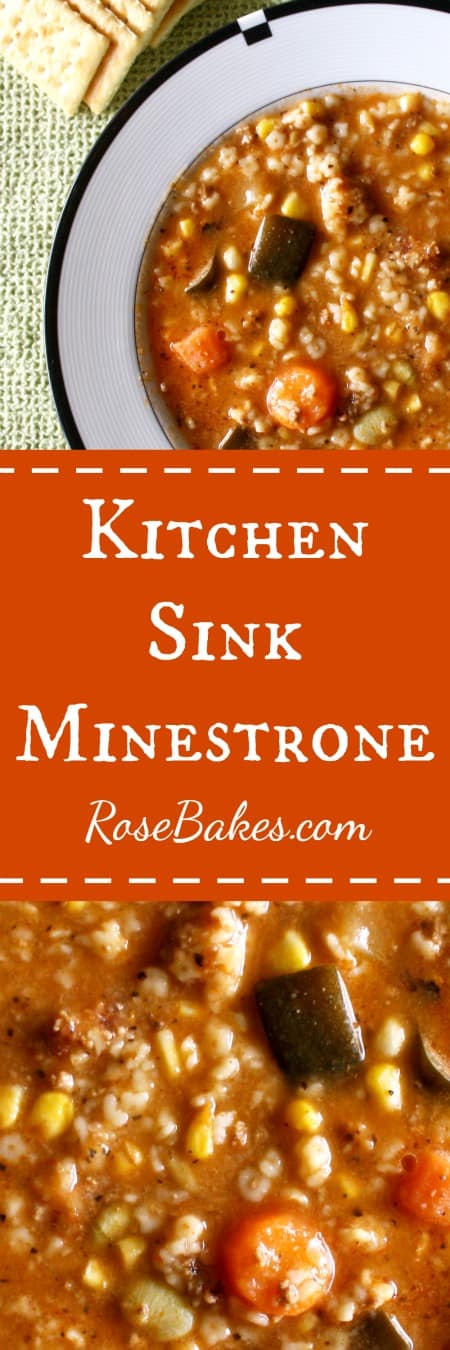 Kitchen Sink Minestrone Soup in bowl with text overlay