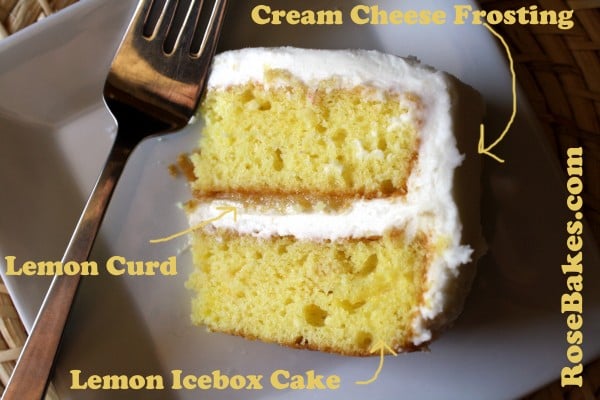 Lemon icebox cake slice showing the lemon curd 