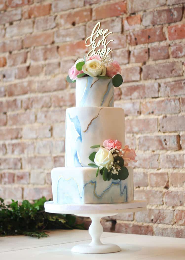 Marbled Fondant Wedding Cake with Navy, Gold and Pink