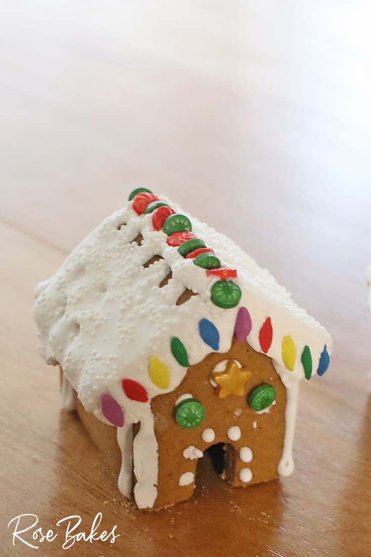 Finished mini gingerbread house for How to Make Mini Gingerbread Houses with Kids post
