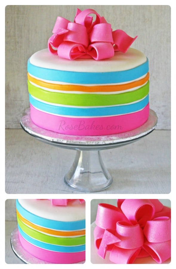 Neon Stripes Birthday Cake with Hot Pink Poofy Bow
