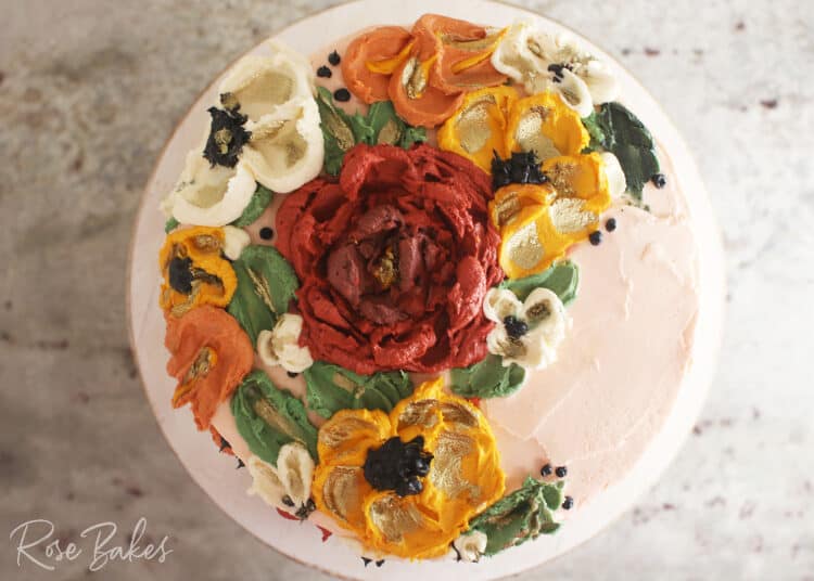 Top view of the buttercream flowers created with palette knives.