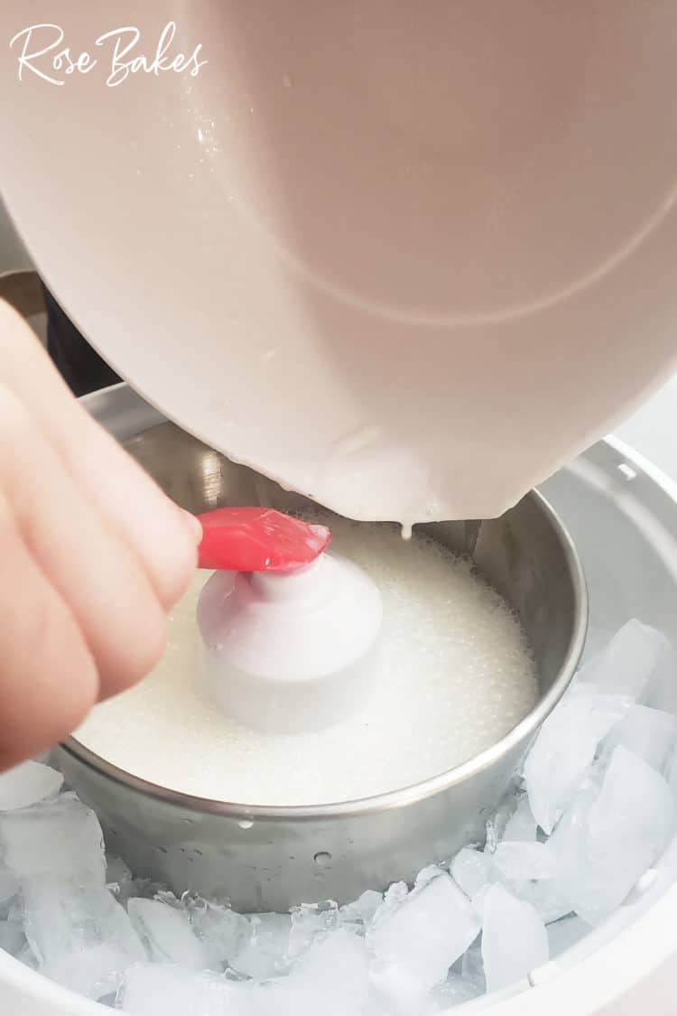 Pouring Easy Homemade Vanilla Ice Cream mixture into Bosch Mixer Ice Cream Attachment bowl