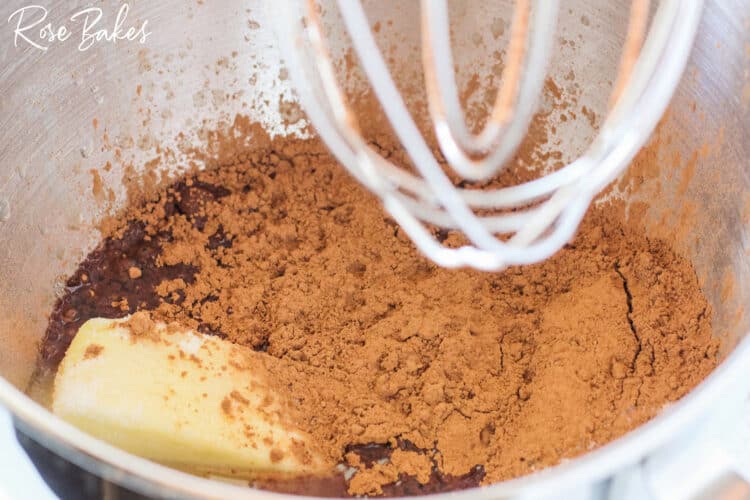  sugar, butter, cocoa, and water to a large mixing bowl.