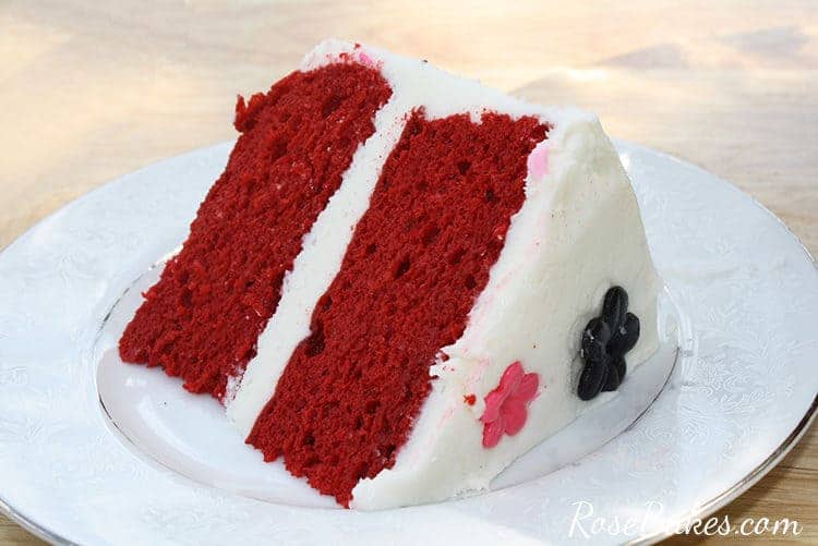 slice of red velvet cake on a white plate