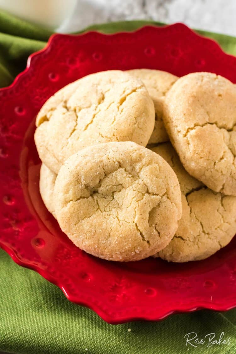Soft and Chewy Snickerdoodles Cookies on red platter