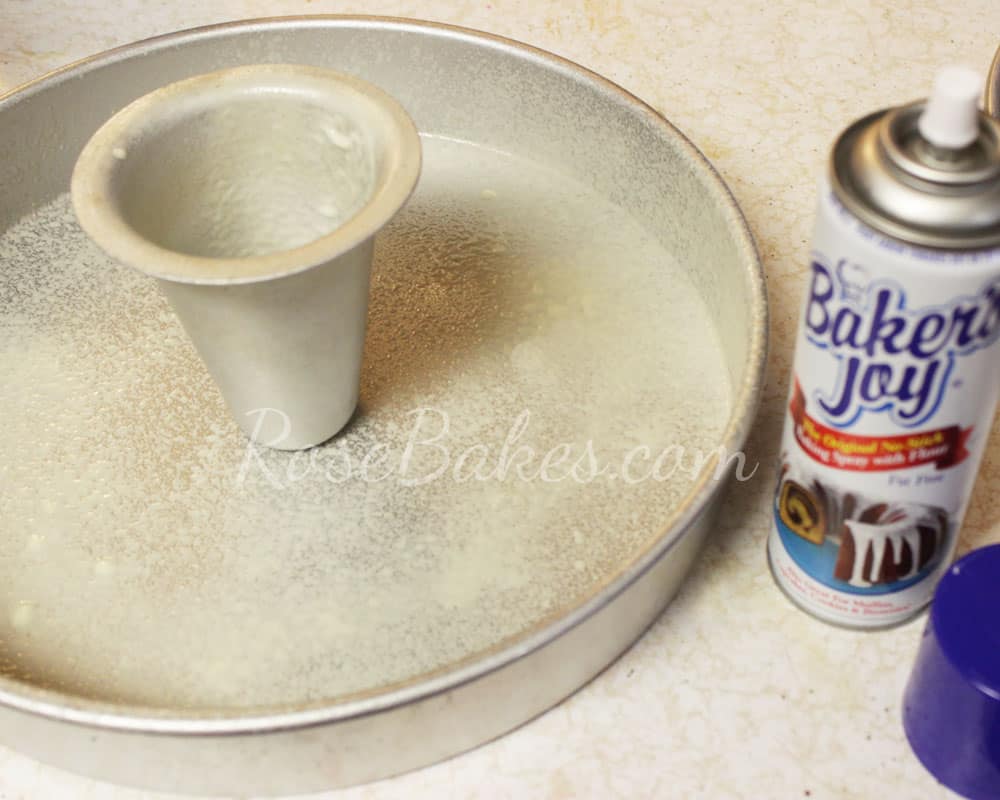 Spray Cake Pan and Heating Core with Bakers Joy