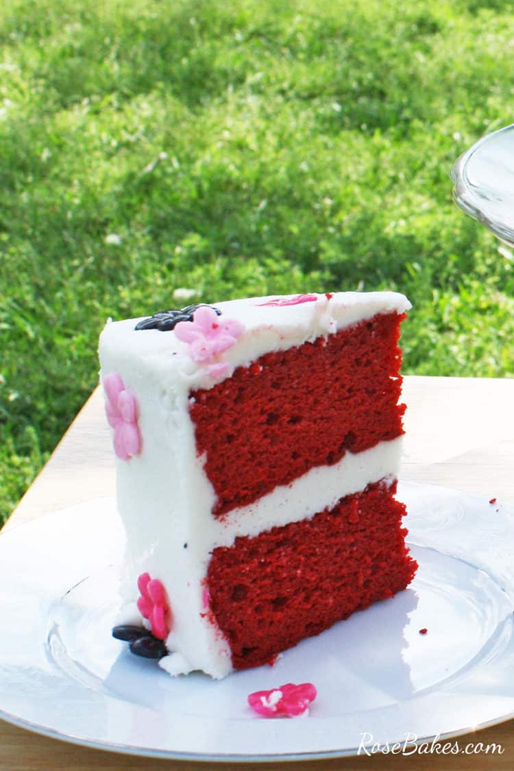 slice of red velvet cake mix recipe on a white plate