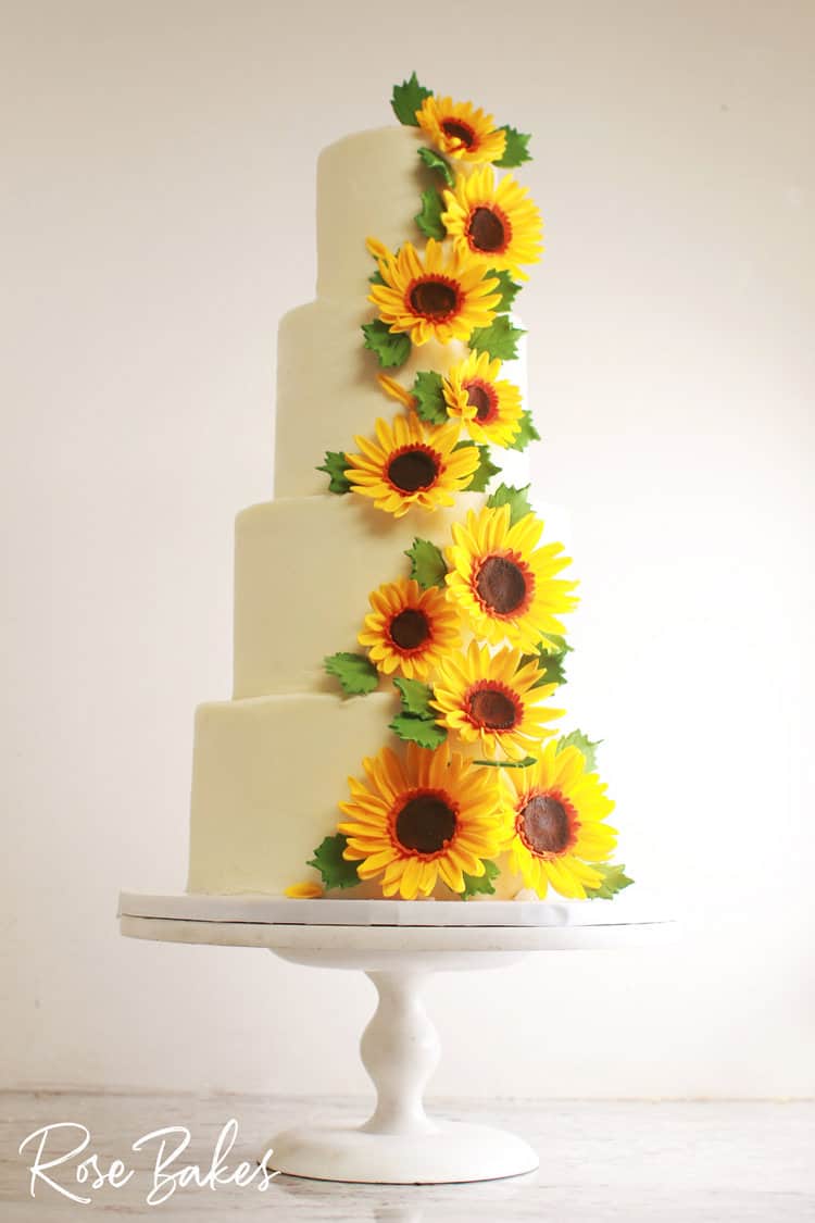 cascading sunflowers on 4 tier wedding cake 