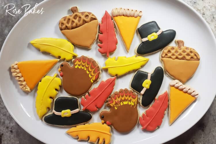 Platter of Thanksgiving decorated cookies