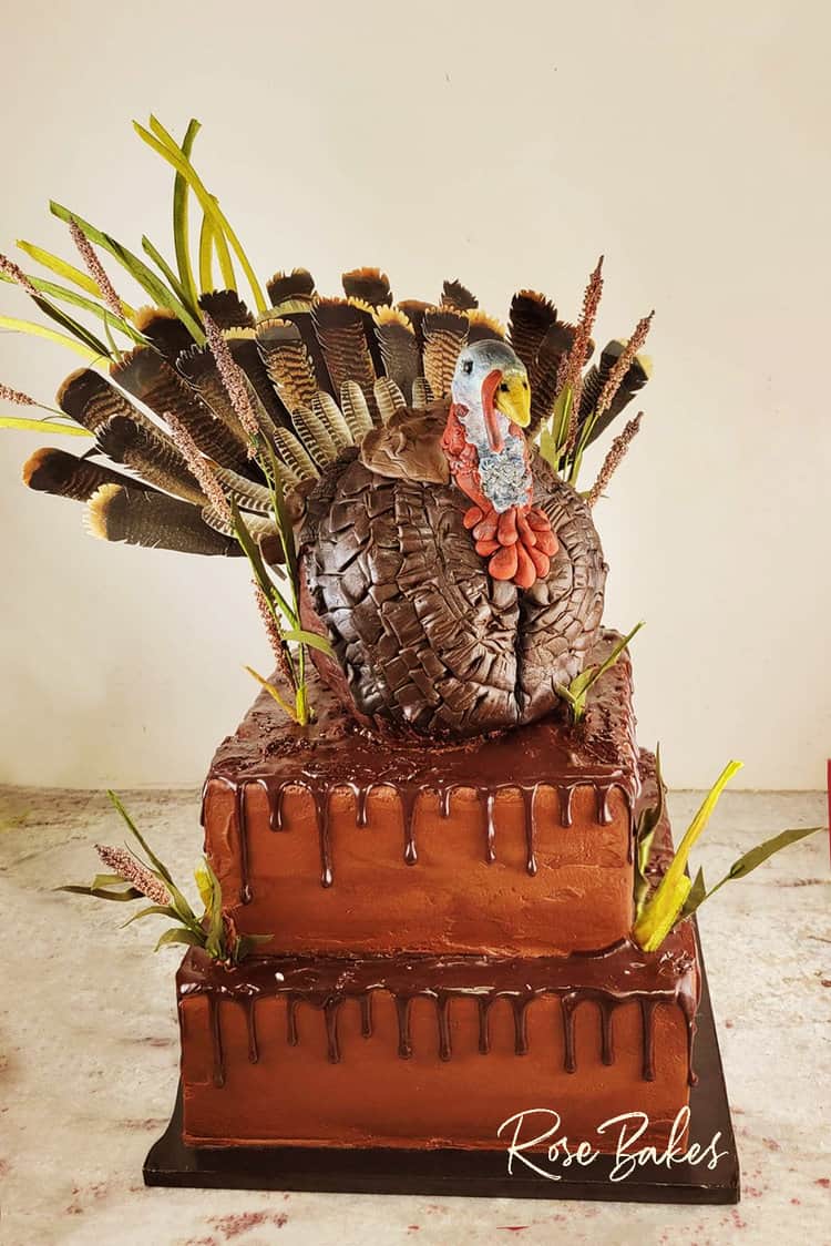 Two tiered brown square cakes with chocolate ganache drip with a turkey topper with realistic feathers and cattails around the cake.