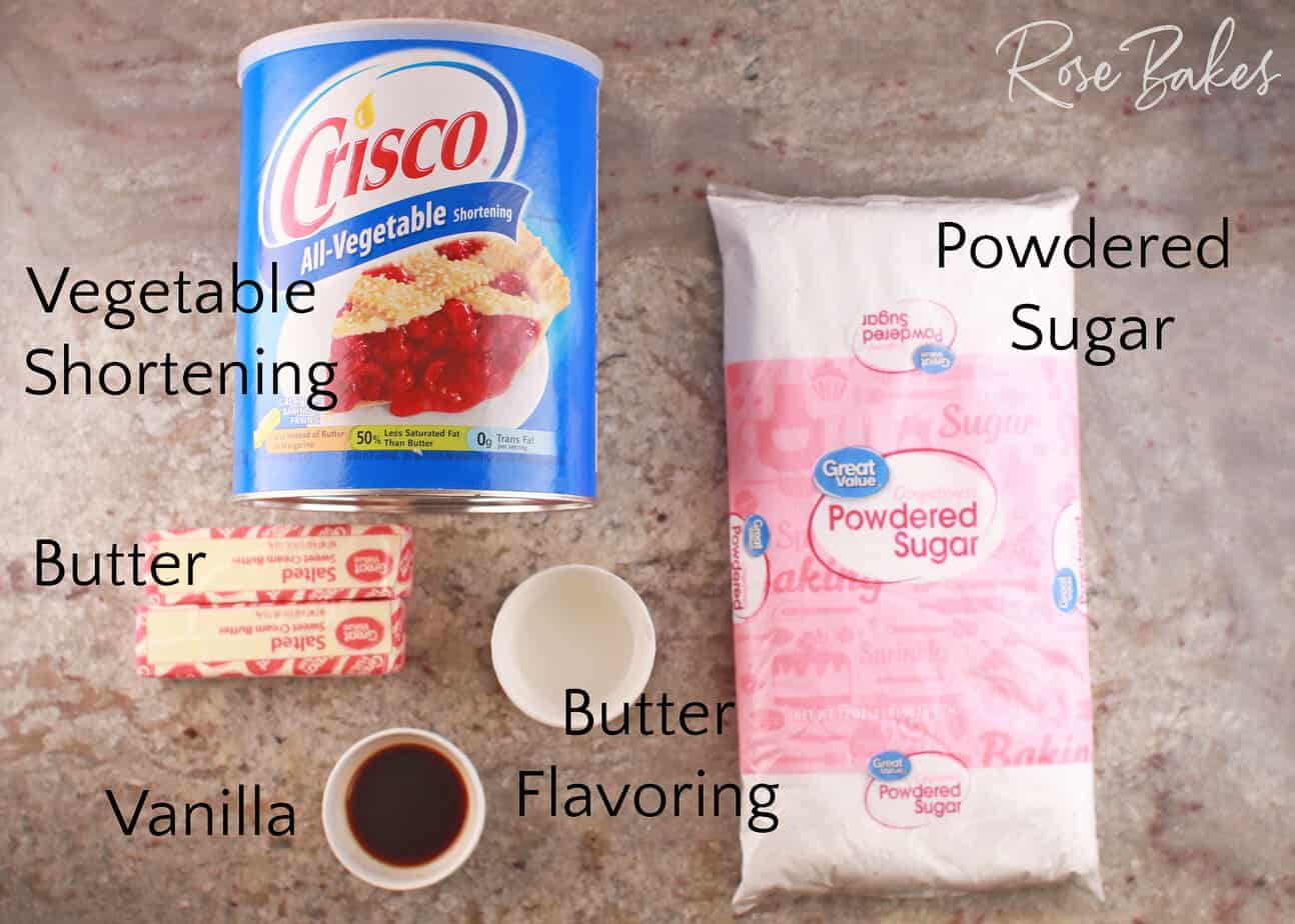 Vanilla Frosting Ingredients on a counter with text overlay