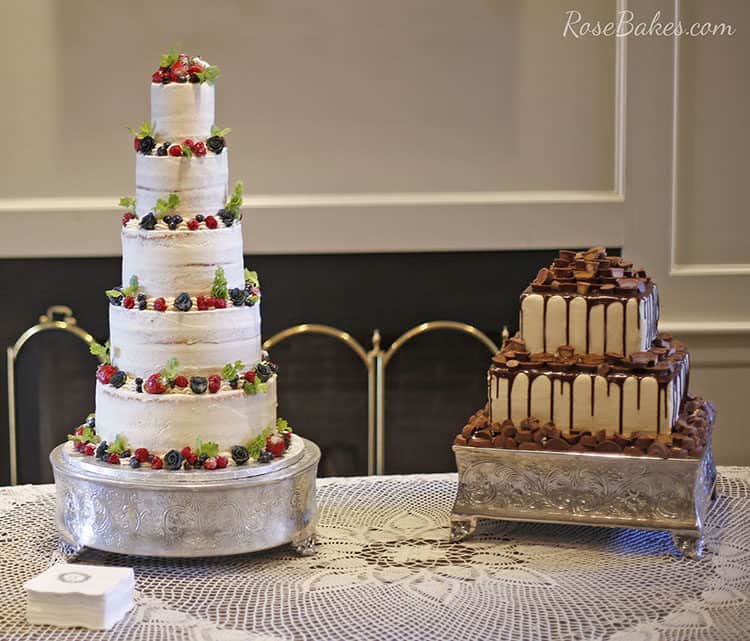 Semi Naked Wedding Wedding Cake and Reese's Groom's Cake on Silver Stands
