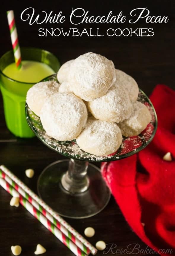 White Chocolate Pecan Snowball Cookies with a glass of milk