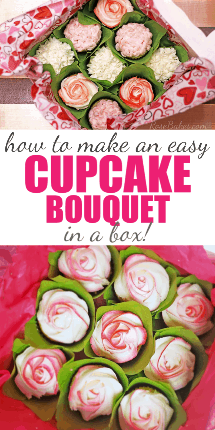 how to make an easy cupcake bouquet in a box for mothers day or valentines with text for pinterest