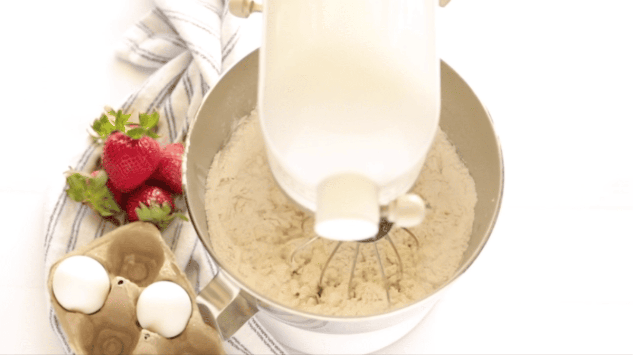 mixing wet and dry ingredients in a stand mixer
