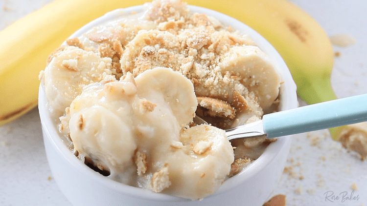 Grandma's Southern Banana Pudding Recipe in white single serve bowl with spoon
